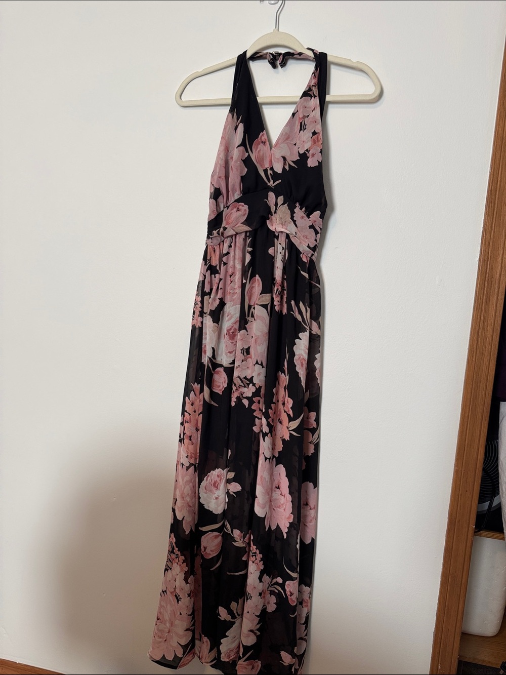 Shinestar Black Halter Maxi Dress with Pink Floral Print